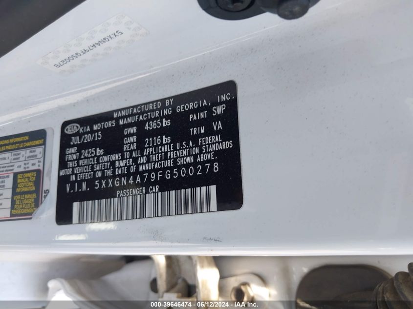 2015 Kia Optima Ex VIN: 5XXGN4A79FG500278 Lot: 39646474