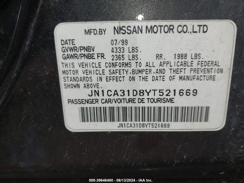 2000 Nissan Maxima Gle/Gxe/Se VIN: JN1CA31D8YT521669 Lot: 39646480