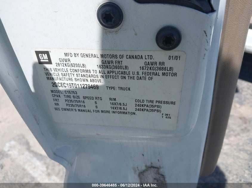 2001 Chevrolet Silverado 1500 Ls VIN: 2GCEC19T011279469 Lot: 39646485