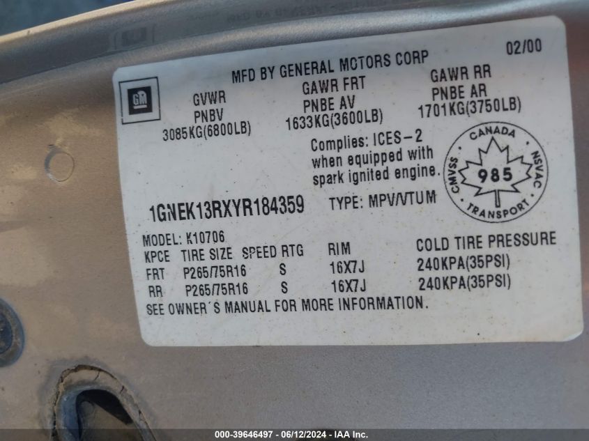 2000 Chevrolet Tahoe Z71 VIN: 1GNEK13RXYR184359 Lot: 39646497