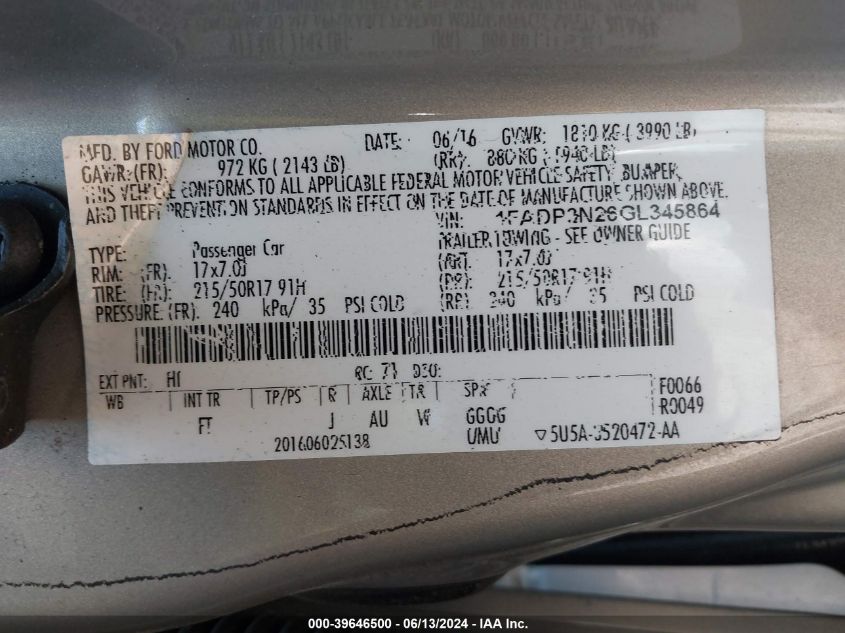 2016 Ford Focus Titanium VIN: 1FADP3N26GL345864 Lot: 39646500