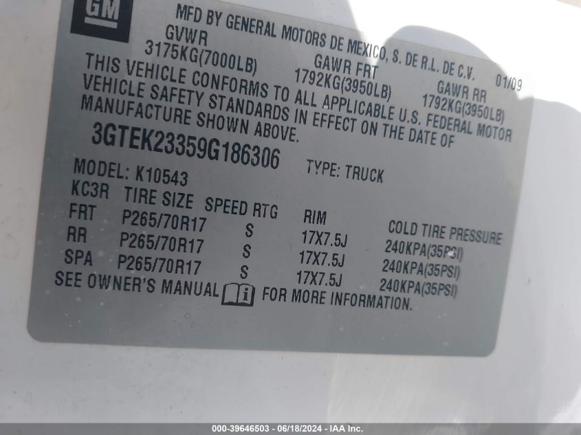 2009 GMC Sierra 1500 Xtra Fuel Economy VIN: 3GTEC23359G186306 Lot: 39646503