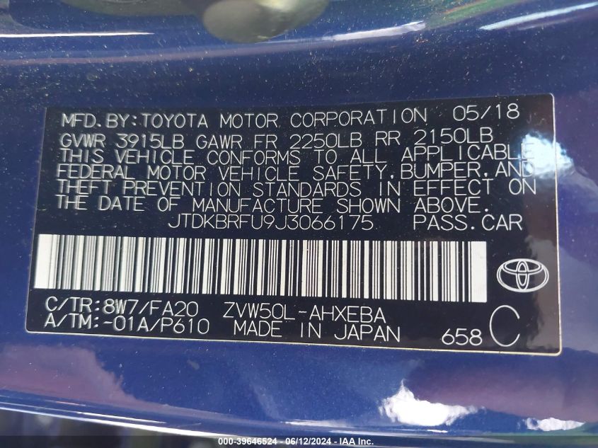 2018 Toyota Prius Two VIN: JTDKBRFU9J3066175 Lot: 39646524