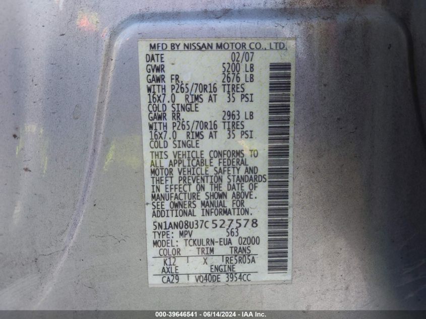 2007 Nissan Xterra S VIN: 5N1AN08U37C527578 Lot: 39646541