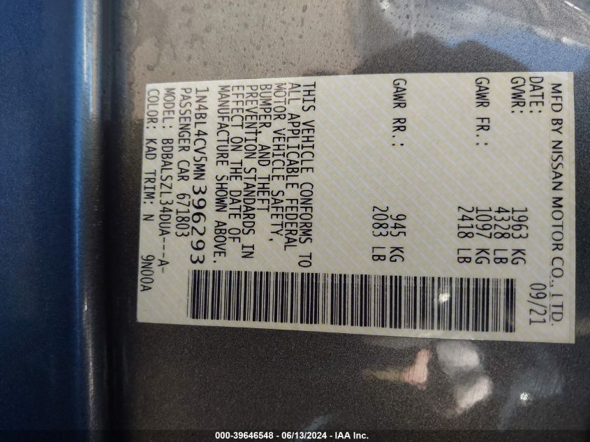 2021 Nissan Altima Sr Fwd VIN: 1N4BL4CV5MN396293 Lot: 39646548