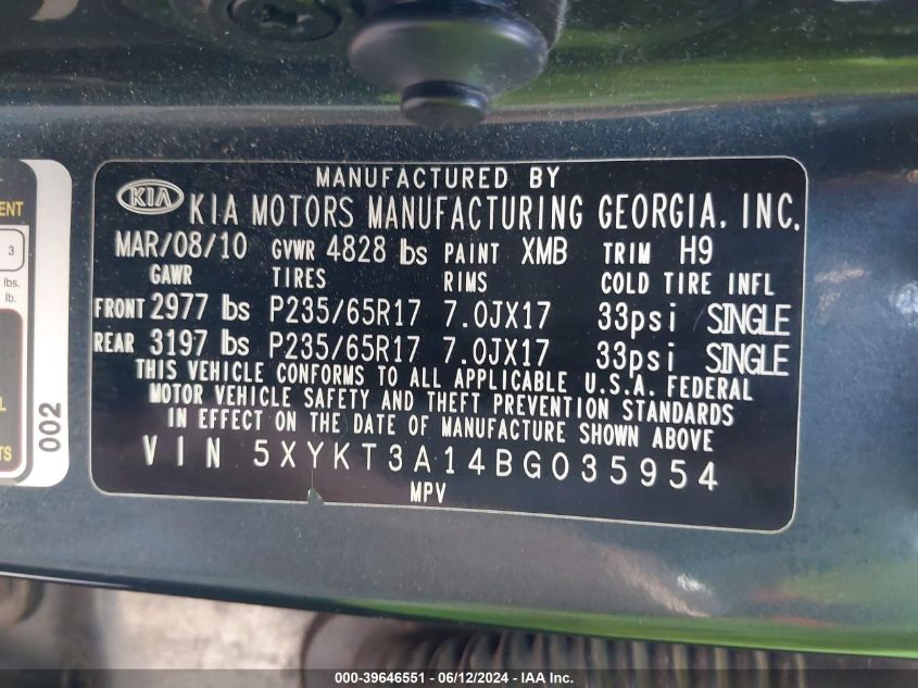 2011 KIA SORENTO VIN: 5XYKT3A14BG035954