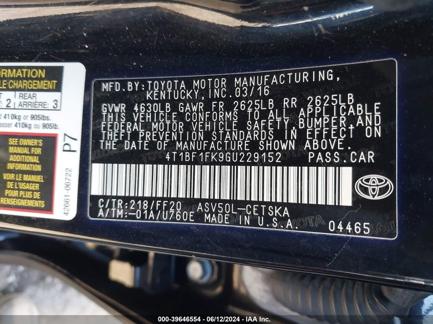 2016 Toyota Camry Se VIN: 4T1BF1FK9GU229152 Lot: 39646554