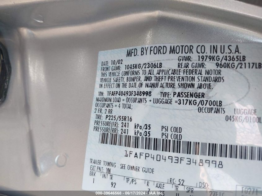 2003 Ford Mustang VIN: 1FAFP40493F348998 Lot: 39646568