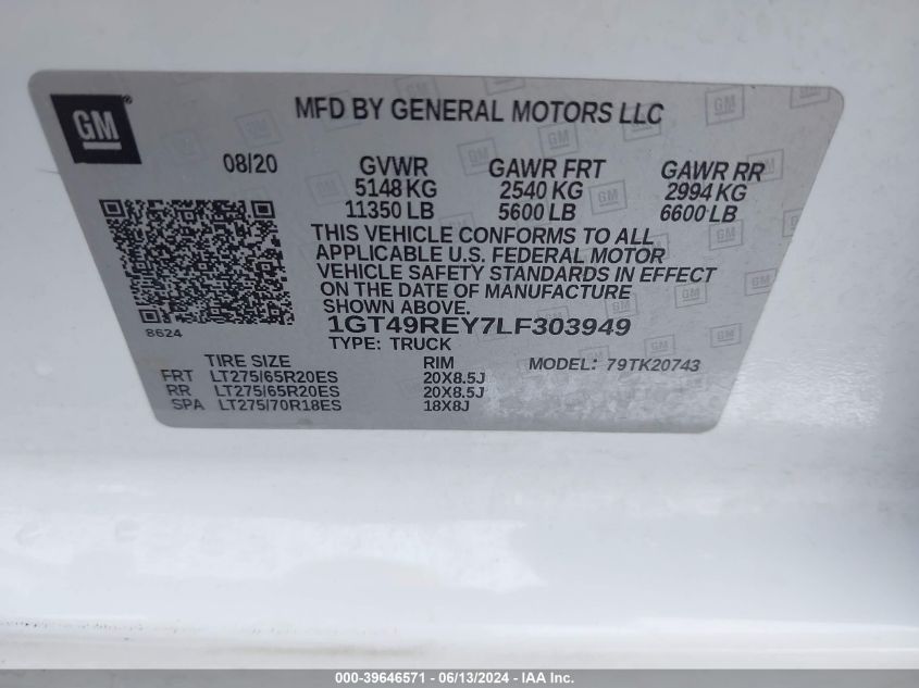 2020 GMC Sierra 2500Hd 4Wd Standard Bed Denali VIN: 1GT49REY7LF303949 Lot: 39646571