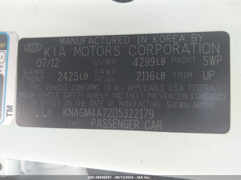 2013 Kia Optima Lx VIN: KNAGM4A72D5322179 Lot: 39646581