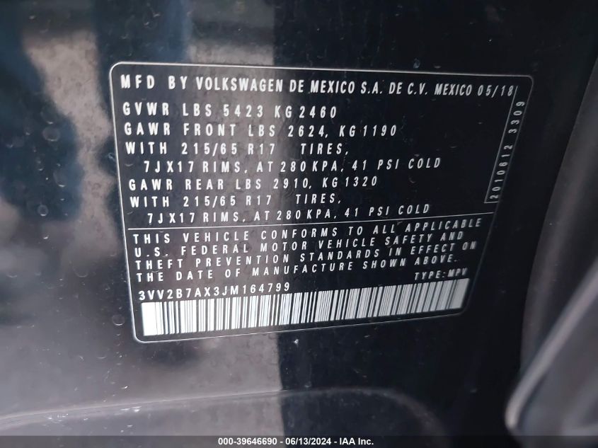 2018 Volkswagen Tiguan 2.0T Se/2.0T Sel VIN: 3VV2B7AX3JM164799 Lot: 39646690