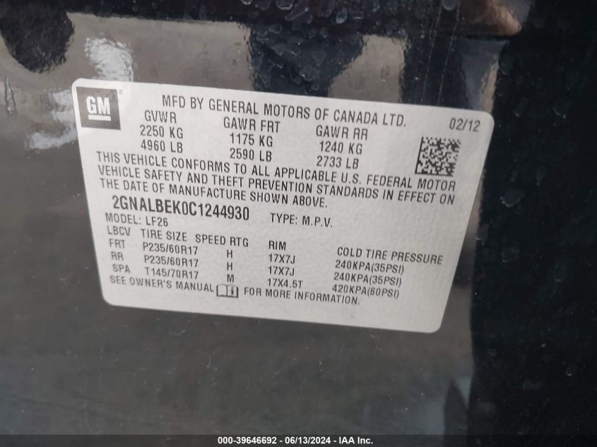 2012 Chevrolet Equinox Ls VIN: 2GNALBEK0C1244930 Lot: 39646692