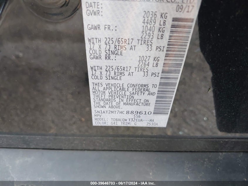 5N1AT2MT7HC889610 2017 Nissan Rogue Sv