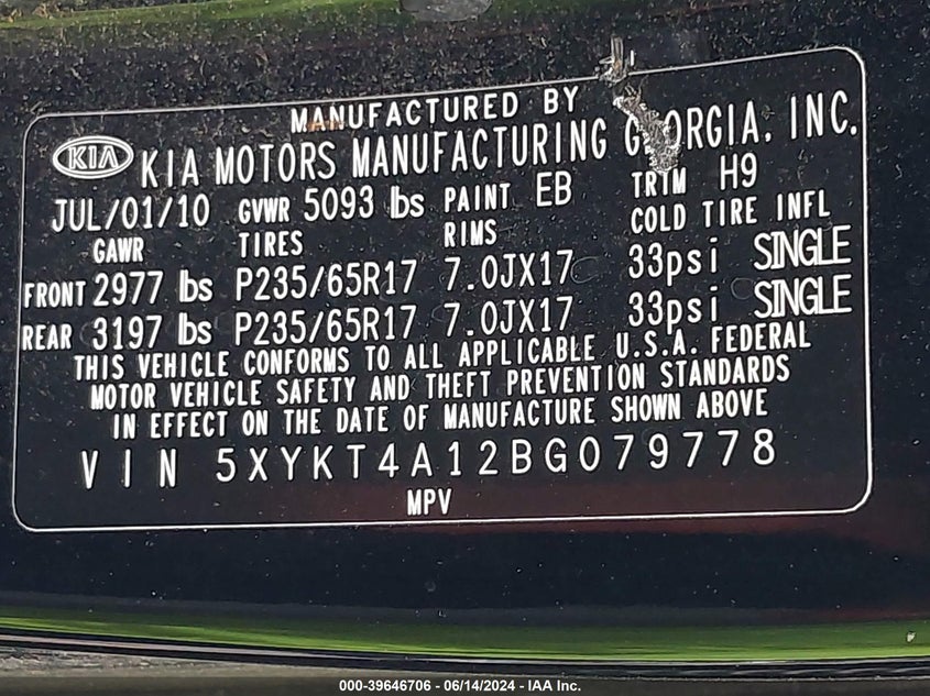 2011 Kia Sorento Lx VIN: 5XYKT4A12BG079778 Lot: 39646706