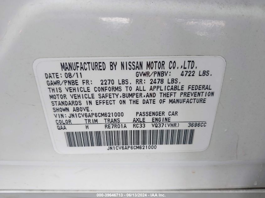 2012 Infiniti G37 Journey VIN: JN1CV6AP6CM621000 Lot: 39646713