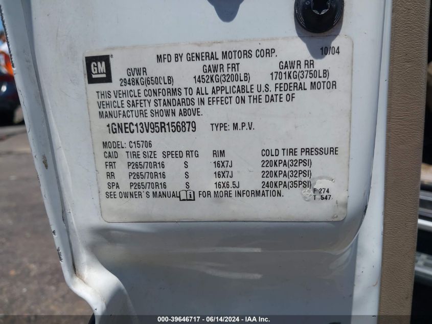 2005 Chevrolet Tahoe Ls VIN: 1GNEC13V95R156879 Lot: 39646717