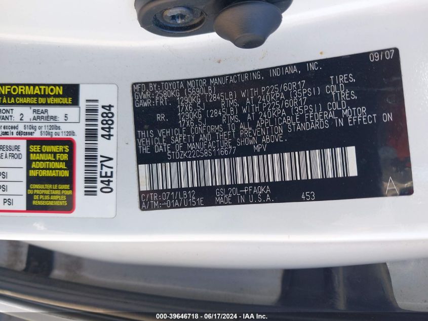 2008 Toyota Sienna Limited VIN: 5TDZK22C58S116677 Lot: 39646718