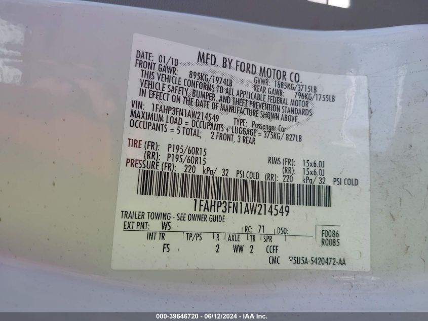 2010 Ford Focus Se VIN: 1FAHP3FN1AW214549 Lot: 39646720