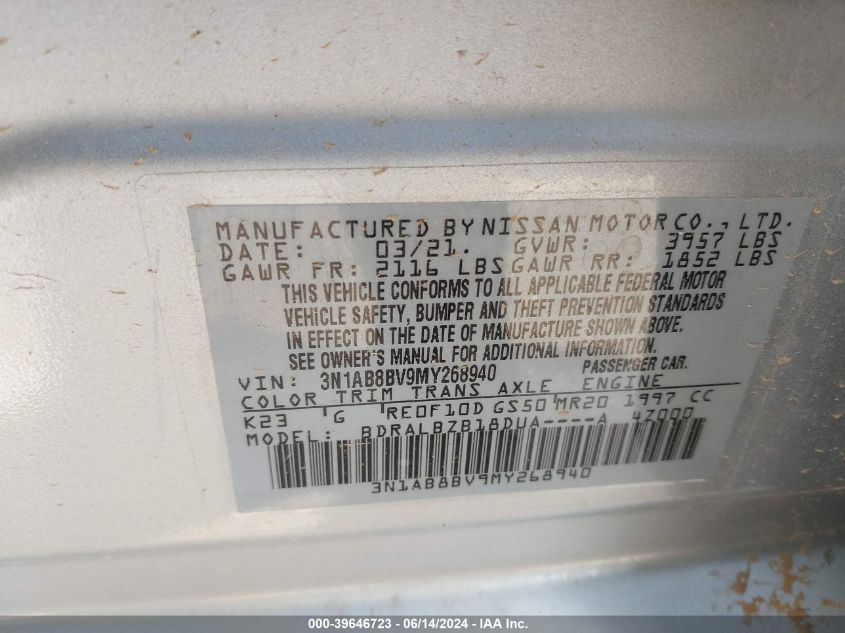 2021 Nissan Sentra S Xtronic Cvt VIN: 3N1AB8BV9MY268940 Lot: 39646723