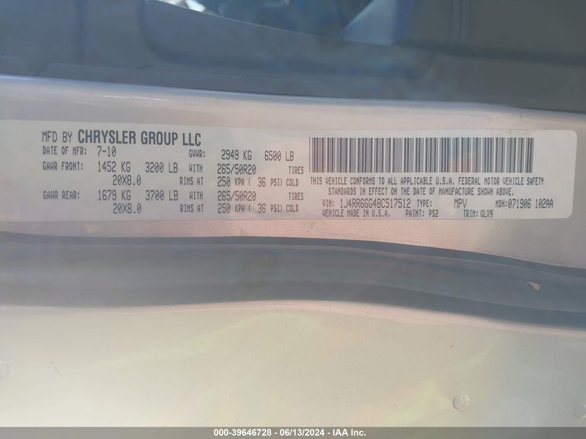 2011 Jeep Grand Cherokee Overland VIN: 1J4RR6GG4BC517512 Lot: 39646728