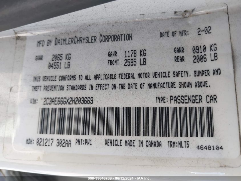 2002 Chrysler 300M VIN: 2C3AE66GX2H203669 Lot: 39646739