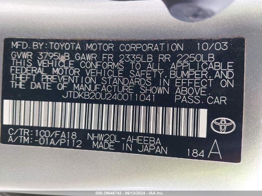 2004 Toyota Prius VIN: JTDKB20U240011041 Lot: 39646742