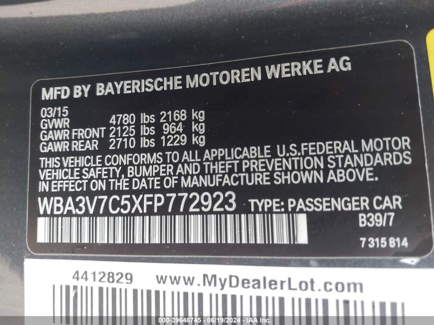 2015 BMW 428I VIN: WBA3V7C5XFP772923 Lot: 39646745