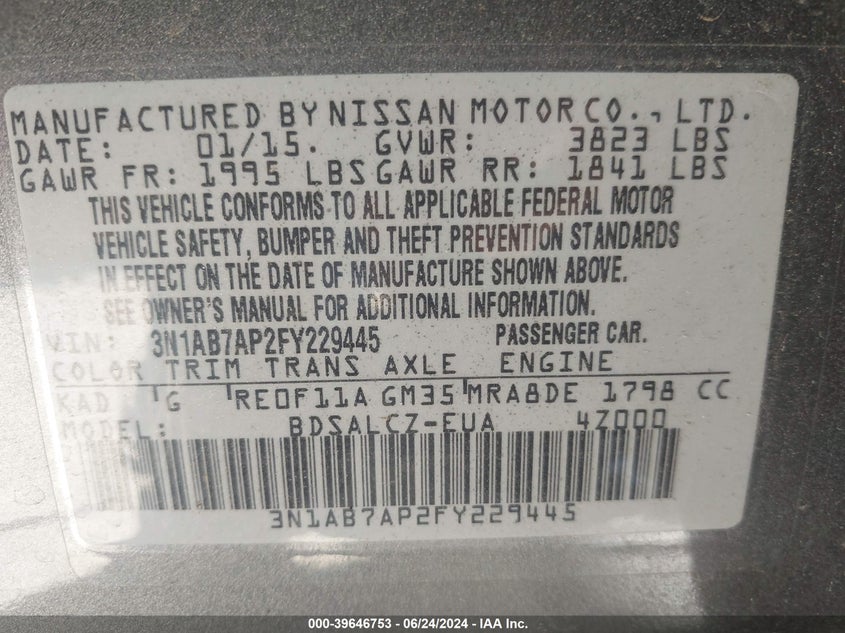 2015 Nissan Sentra S VIN: 3N1AB7AP2FY229445 Lot: 39646753