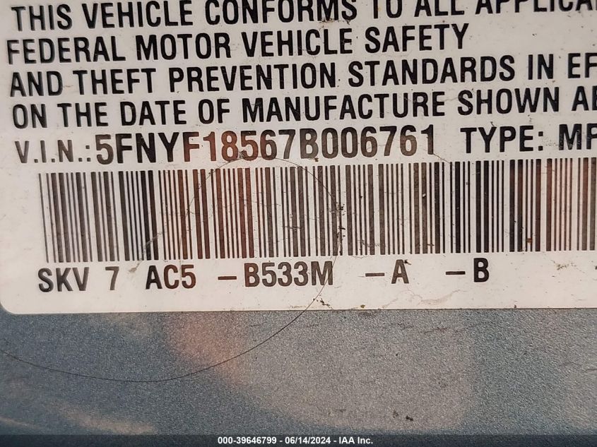2007 Honda Pilot Ex-L VIN: 5FNYF185678006761 Lot: 39646799