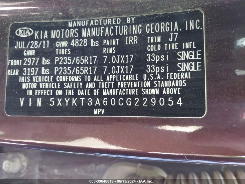 2012 Kia Sorento Lx VIN: 5XYKT3A60CG229054 Lot: 39646819