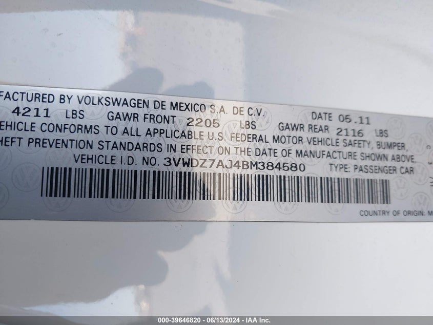 2011 Volkswagen Jetta 2.5L Se VIN: 3VWDZ7AJ4BM384580 Lot: 39646820