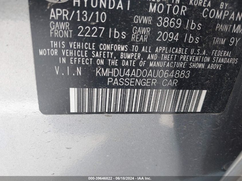 KMHDU4AD0AU064883 2010 Hyundai Elantra Gls