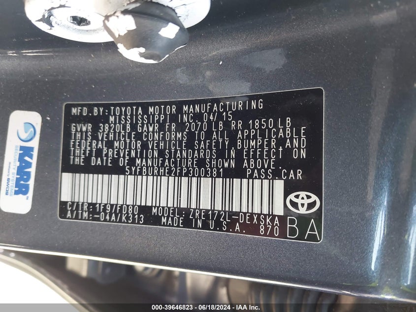 2015 Toyota Corolla S Plus VIN: 5YFBURHE2FP300381 Lot: 39646823