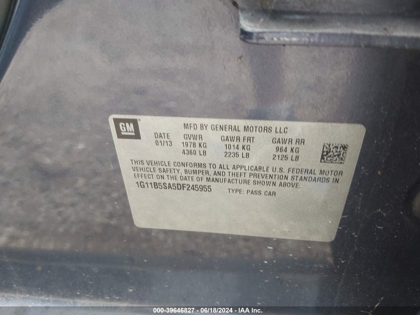 2013 Chevrolet Malibu 1Ls VIN: 1G11B5SA5DF245955 Lot: 39646827