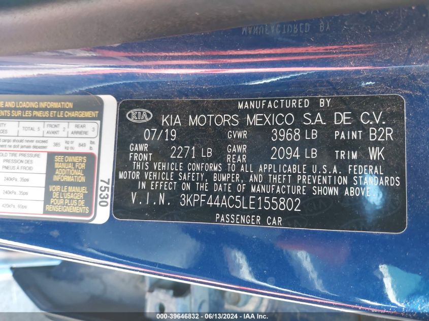 2020 Kia Forte Gt VIN: 3KPF44AC5LE155802 Lot: 39646832