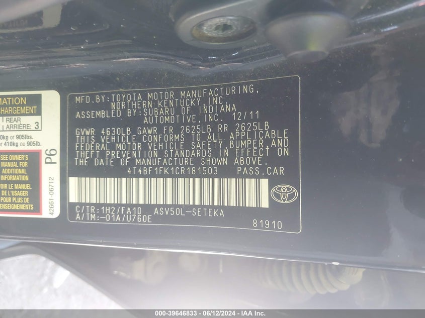 2012 Toyota Camry L VIN: 4T4BF1FK1CR181503 Lot: 39646833
