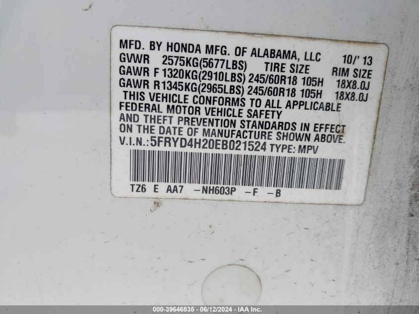 2014 Acura Mdx VIN: 5FRYD4H20EB021524 Lot: 39646835