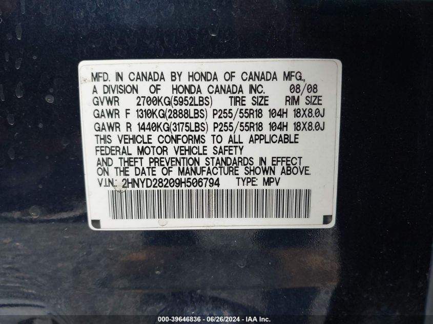 2009 Acura Mdx VIN: 2HNYD28209H506794 Lot: 39646836