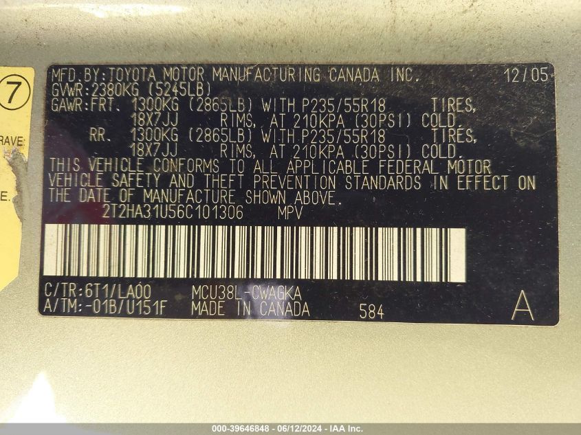 2006 Lexus Rx 330 VIN: 2T2HA31U56C101306 Lot: 39646848