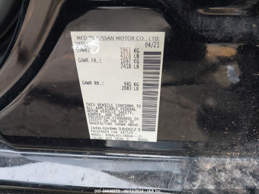 2021 Nissan Altima Sv Fwd VIN: 1N4BL4DV8MN380023 Lot: 39646870