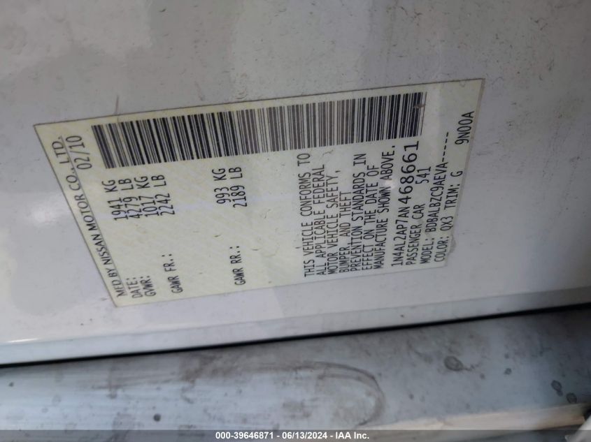 2010 Nissan Altima 2.5 S VIN: 1N4AL2AP7AN468661 Lot: 39646871