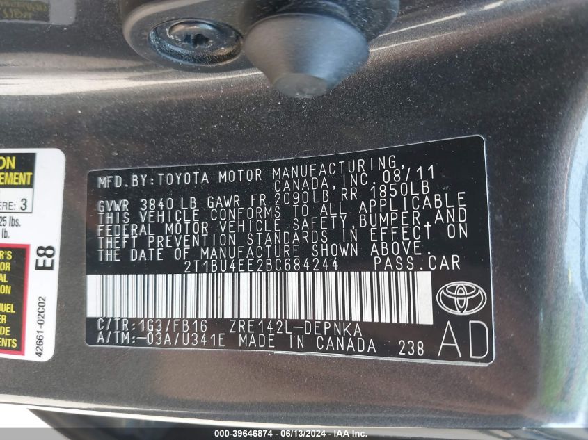 2011 Toyota Corolla Le VIN: 2T1BU4EE2BC684244 Lot: 39646874