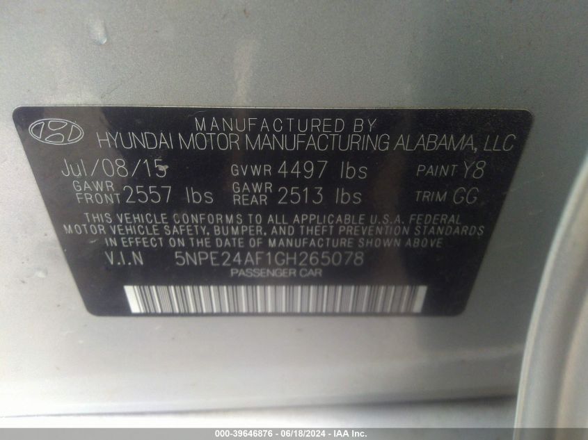 2016 Hyundai Sonata Se VIN: 5NPE24AF1GH265078 Lot: 39646876