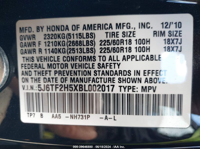 2011 Honda Accord Crosstour Ex-L VIN: 5J6TF2H5XBL002017 Lot: 39646880