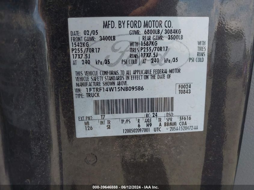 2005 Ford F-150 Stx/Xl/Xlt VIN: 1FTRF14W15NB09586 Lot: 39646888