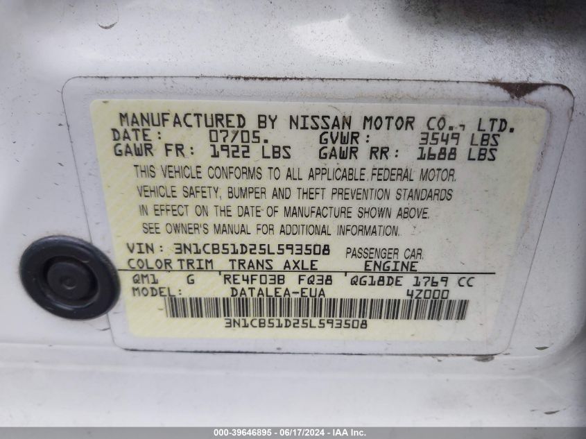 2005 Nissan Sentra 1.8S VIN: 3N1CB51D25L593508 Lot: 39646895