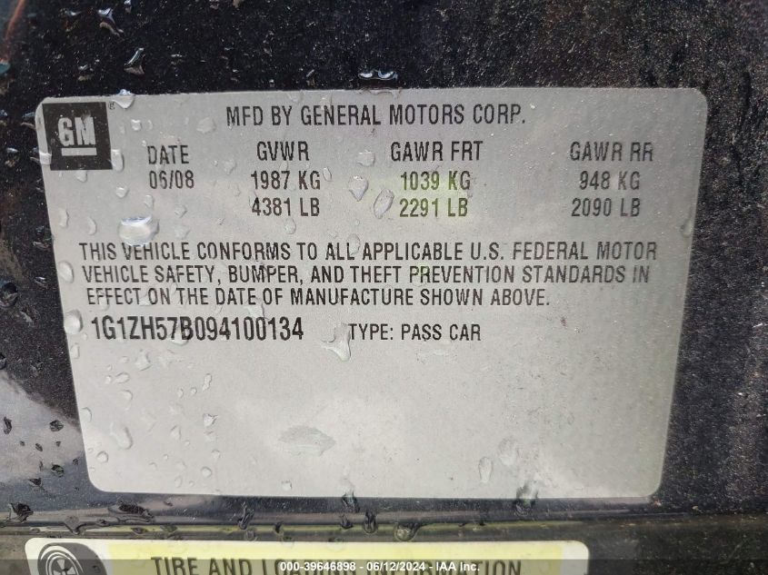 2009 Chevrolet Malibu Lt VIN: 1G1ZH57B094100134 Lot: 39646898