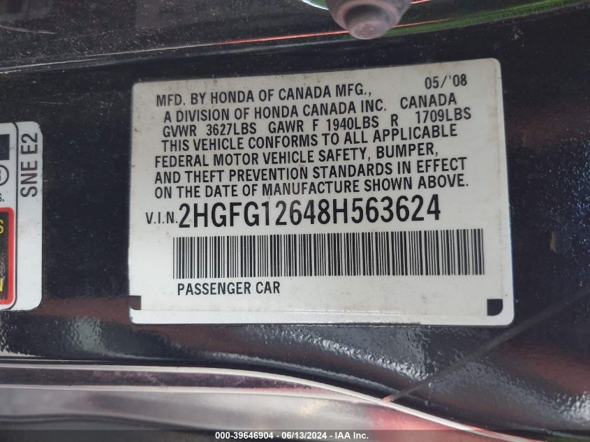 2008 Honda Civic Lx VIN: 2HGFG12648H563624 Lot: 39646904