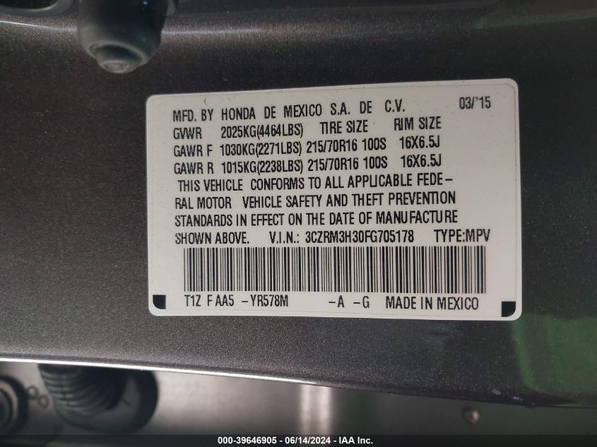 2015 Honda Cr-V Lx VIN: 3CZRM3H30FG705178 Lot: 39646905