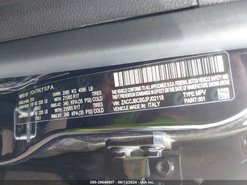 2018 Jeep Renegade Trailhawk 4X4 VIN: ZACCJBCB0JPJ02118 Lot: 39646907